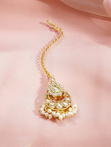 Rubans 22K Gold-Plated White Kundan Studded with Glossy Pearl Cluster Floral Necklace Set Jewellery Set