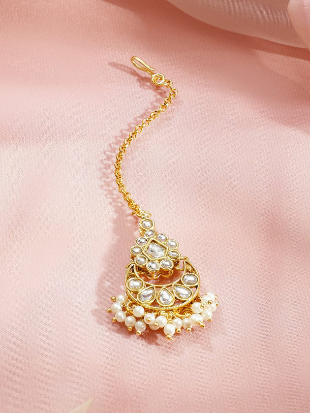 Rubans 22K Gold-Plated White Kundan Studded with Glossy Pearl Cluster Floral Necklace Set Jewellery Set