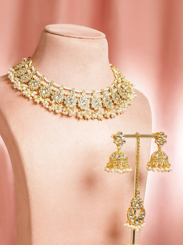 Rubans 22K Gold-Plated White Kundan Studded with Glossy Pearl Cluster Floral Necklace Set Jewellery Set