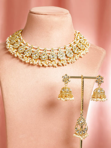 Rubans 22K Gold-Plated White Kundan Studded with Glossy Pearl Cluster Floral Necklace Set Jewellery Set