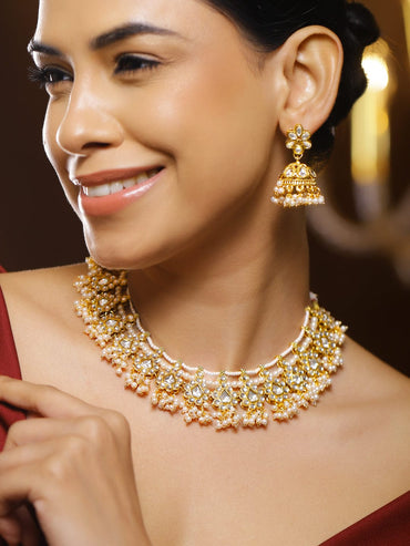 Rubans 22K Gold-Plated White Kundan Studded with Glossy Pearl Cluster Floral Necklace Set Jewellery Set