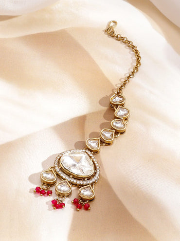 Rubans 22K Gold-Plated White Kundan & Zirconia,Ruby & White Multi-Strand Beads Choker Set Jewellery Set