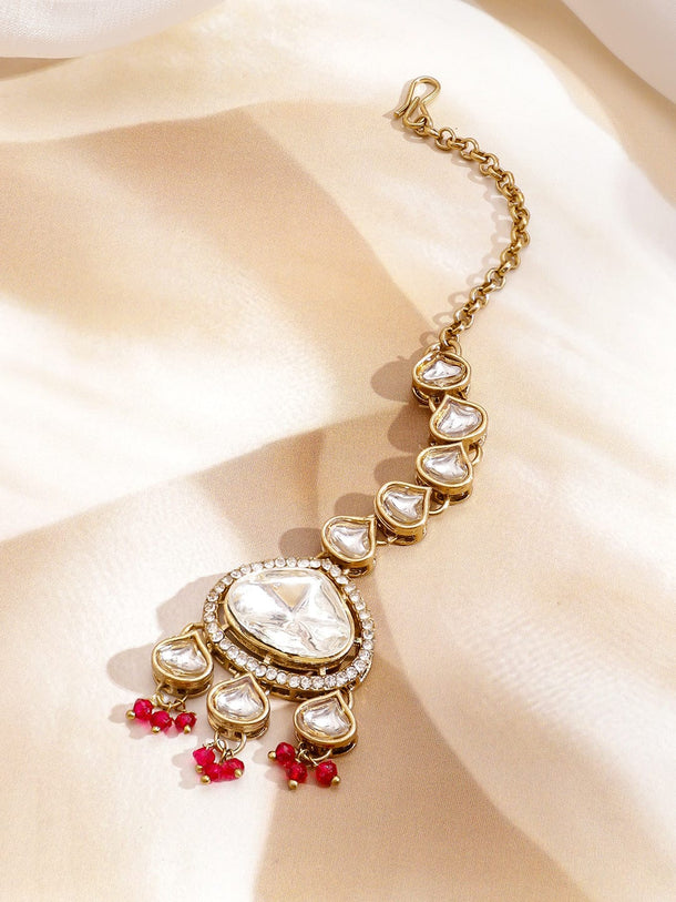 Rubans 22K Gold-Plated White Kundan & Zirconia,Ruby & White Multi-Strand Beads Choker Set Jewellery Set