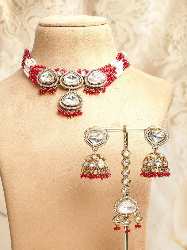 Rubans 22K Gold-Plated White Kundan & Zirconia,Ruby & White Multi-Strand Beads Choker Set Jewellery Set