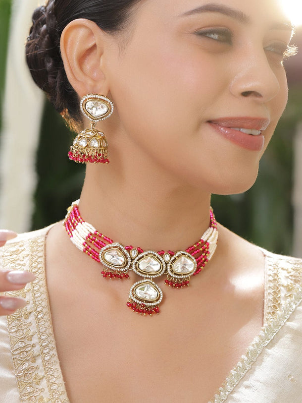 Rubans 22K Gold-Plated White Kundan & Zirconia,Ruby & White Multi-Strand Beads Choker Set Jewellery Set