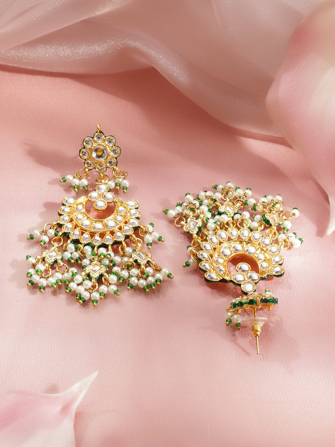 Rubans 22K Gold-Plated White Pachi Kundan, Off-White Pearl & Green Beaded Jewellery Set Jewellery Set