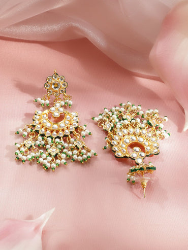 Rubans 22K Gold-Plated White Pachi Kundan, Off-White Pearl & Green Beaded Jewellery Set Jewellery Set