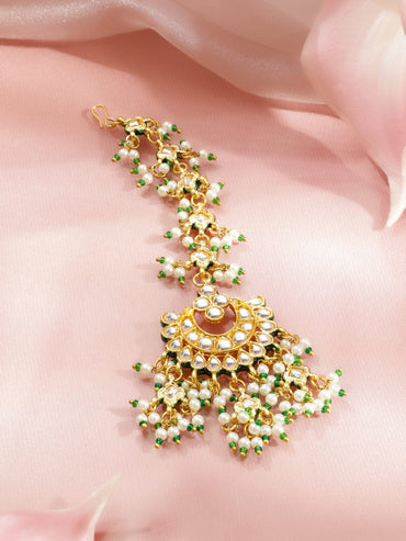 Rubans 22K Gold-Plated White Pachi Kundan, Off-White Pearl & Green Beaded Jewellery Set Jewellery Set