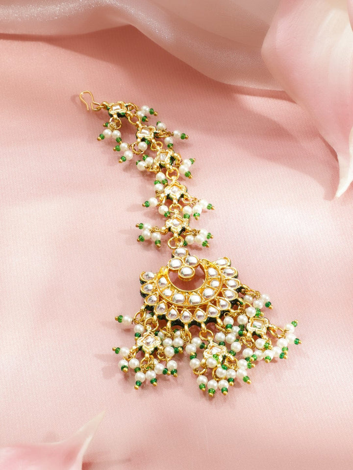 Rubans 22K Gold-Plated White Pachi Kundan, Off-White Pearl & Green Beaded Jewellery Set Jewellery Set