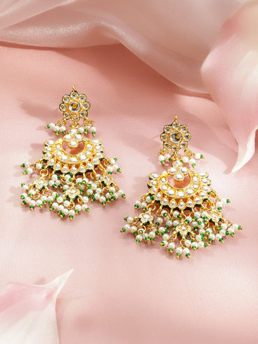 Rubans 22K Gold-Plated White Pachi Kundan, Off-White Pearl & Green Beaded Jewellery Set Jewellery Set