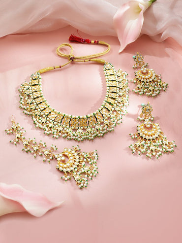 Rubans 22K Gold-Plated White Pachi Kundan, Off-White Pearl & Green Beaded Jewellery Set Jewellery Set