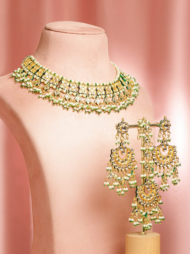 Rubans 22K Gold-Plated White Pachi Kundan, Off-White Pearl & Green Beaded Jewellery Set Jewellery Set