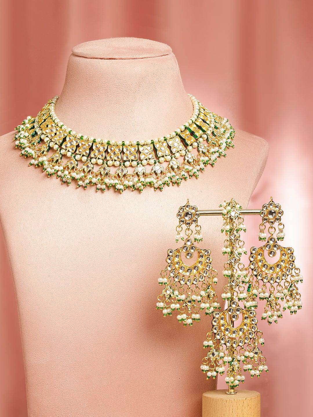 Rubans 22K Gold-Plated White Pachi Kundan, Off-White Pearl & Green Beaded Jewellery Set Jewellery Set