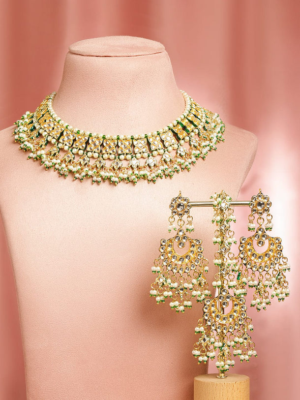 Rubans 22K Gold-Plated White Pachi Kundan, Off-White Pearl & Green Beaded Jewellery Set Jewellery Set
