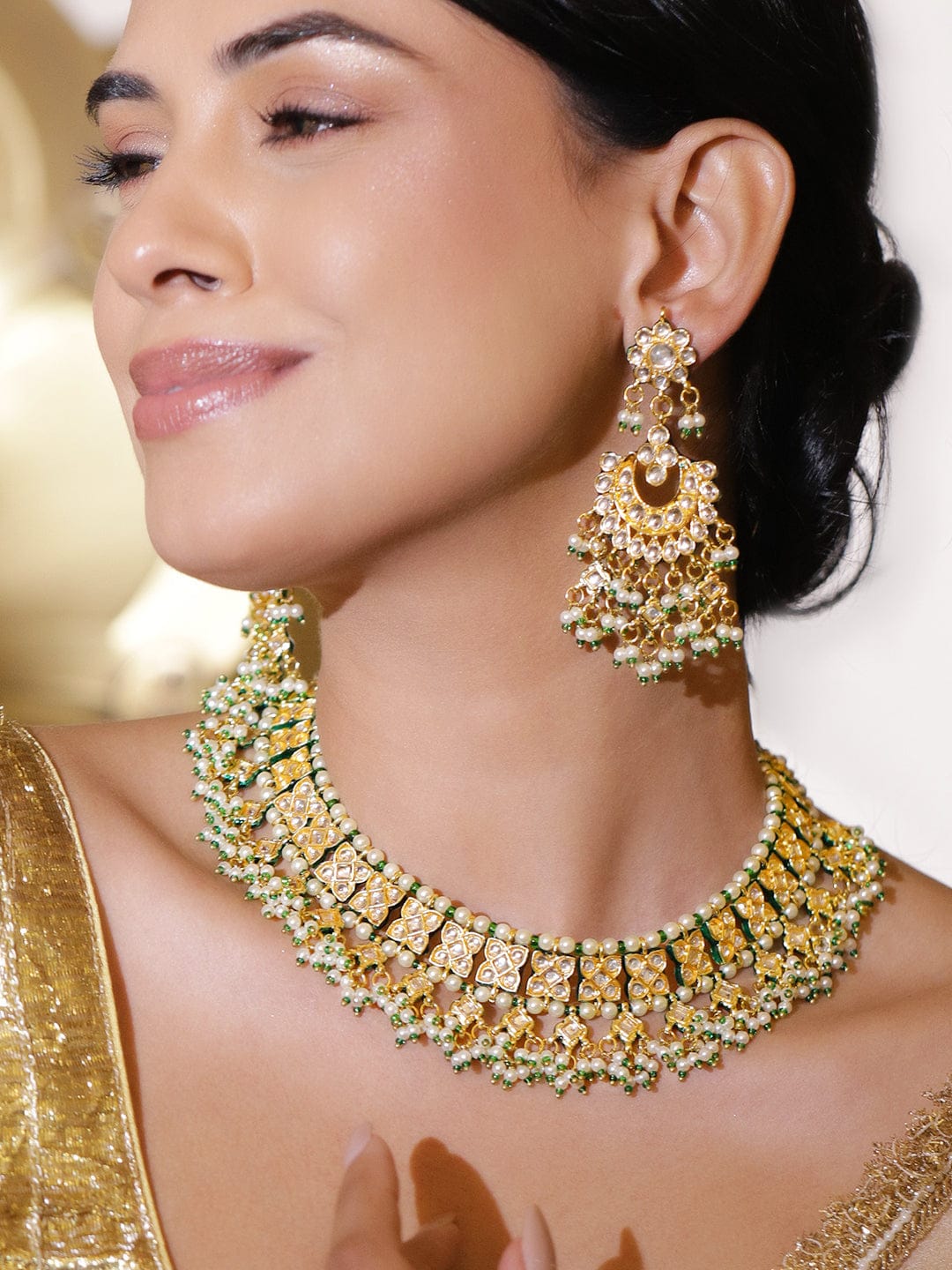 Rubans 22K Gold-Plated White Pachi Kundan, Off-White Pearl & Green Beaded Jewellery Set Jewellery Set