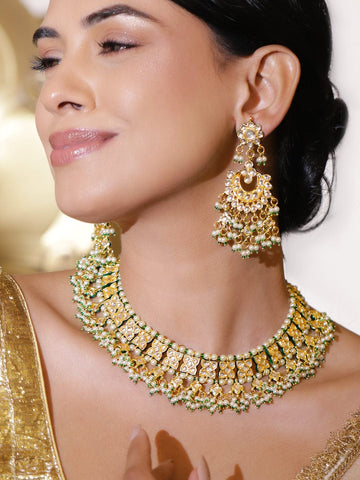Rubans 22K Gold-Plated White Pachi Kundan, Off-White Pearl & Green Beaded Jewellery Set Jewellery Set