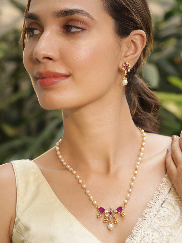 Rubans 22K Gold-Plated White Pearl Beaded Necklace Set with Ruby Pink & CZ Studded Pendant Jewellery Set