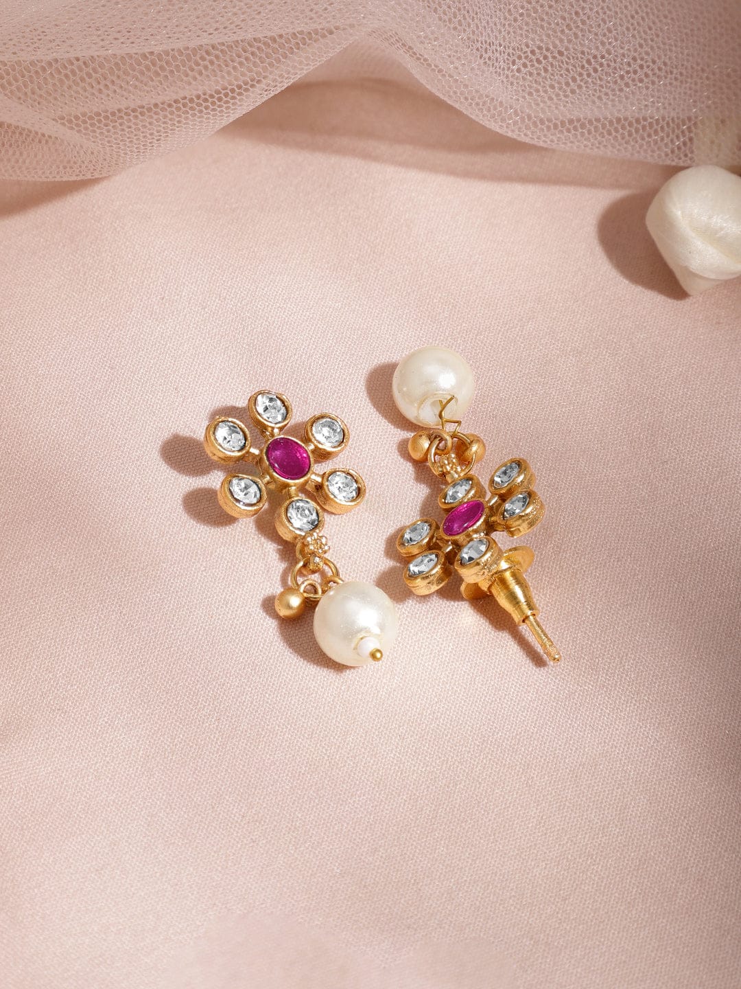 Rubans 22K Gold-Plated White Pearl Beaded Necklace Set with Ruby Pink & CZ Studded Pendant Jewellery Set