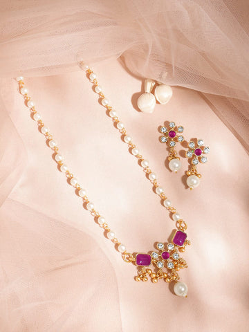 Rubans 22K Gold-Plated White Pearl Beaded Necklace Set with Ruby Pink & CZ Studded Pendant Jewellery Set