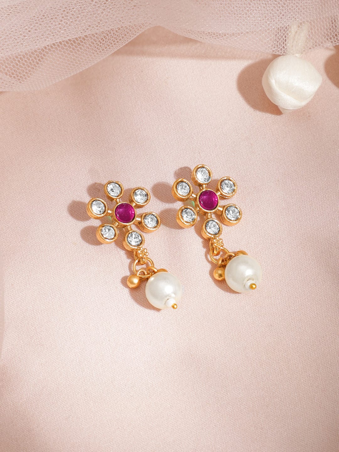 Rubans 22K Gold-Plated White Pearl Beaded Necklace Set with Ruby Pink & CZ Studded Pendant Jewellery Set