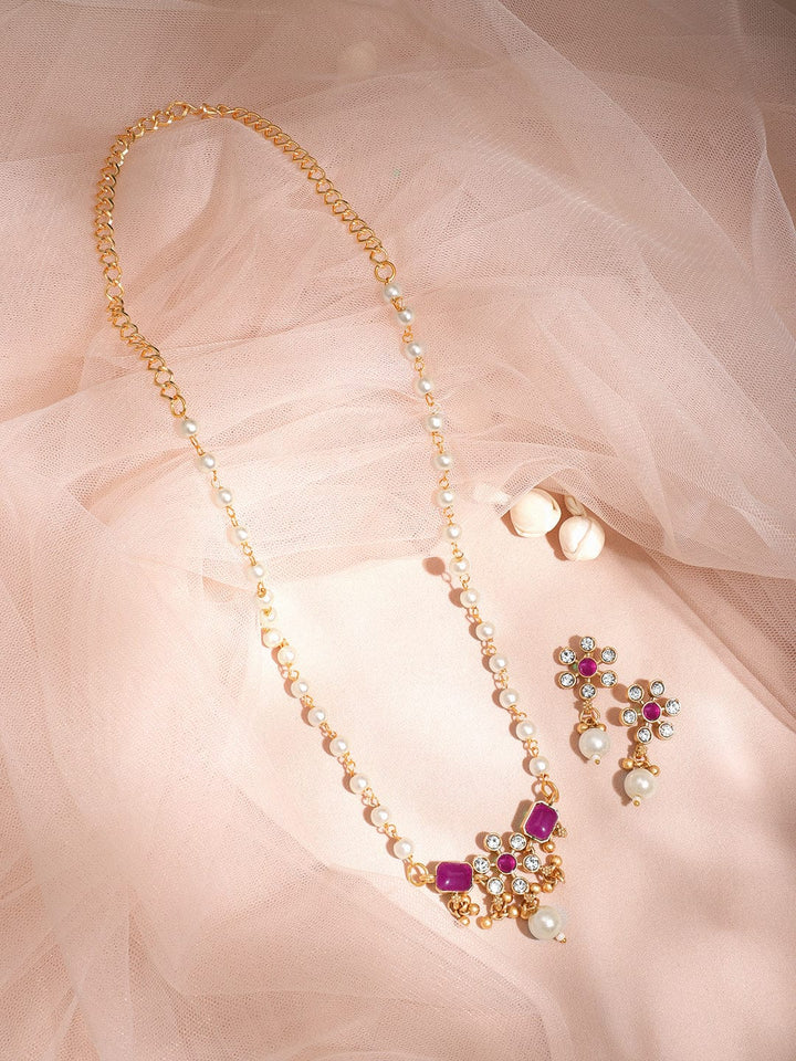 Rubans 22K Gold-Plated White Pearl Beaded Necklace Set with Ruby Pink & CZ Studded Pendant Jewellery Set