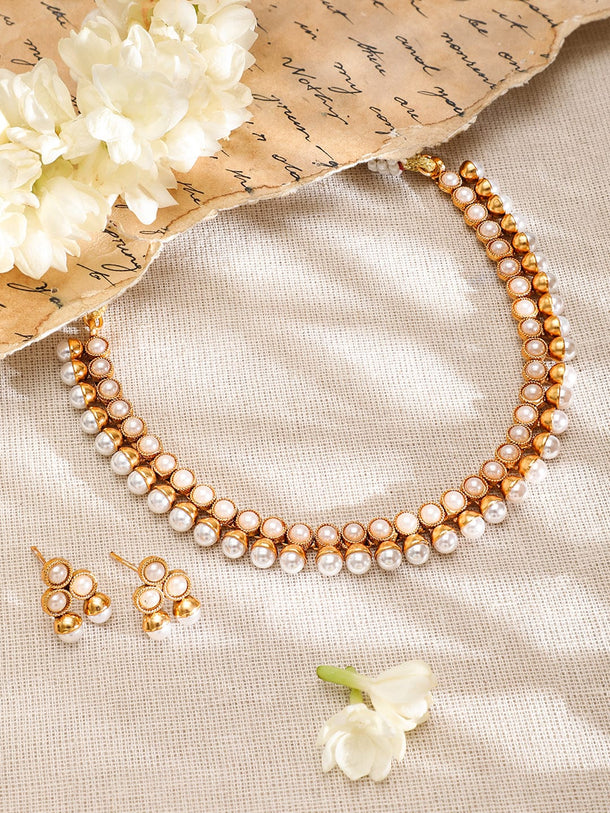 Rubans 22K Gold-Plated White Pearl Beaded Traditional Jewellery Set Jewellery Set