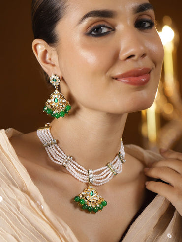 Rubans 22K Gold-Plated White Pearl Multi-Strand Necklace Set with Kundan & Emerald Green Beads Necklace Set