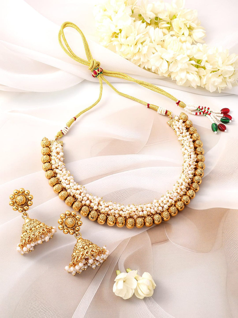 Rubans 22K Gold-Plated White Pearls & Golden Beads Studded Beaded Traditional Jewellery Se Jewellery Set