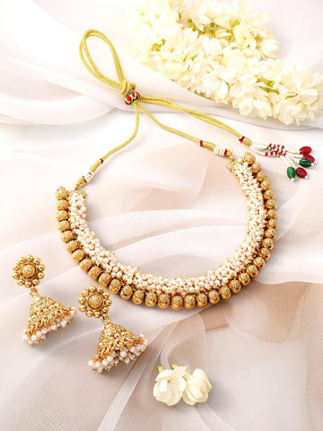 Rubans 22K Gold-Plated White Pearls & Golden Beads Studded Beaded Traditional Jewellery Se Jewellery Set