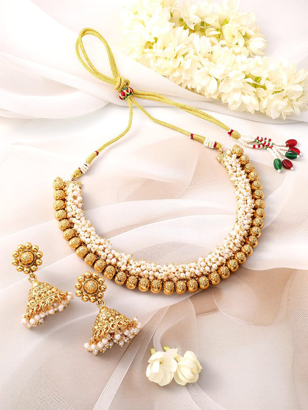 Rubans 22K Gold-Plated White Pearls & Golden Beads Studded Beaded Traditional Jewellery Se Jewellery Set