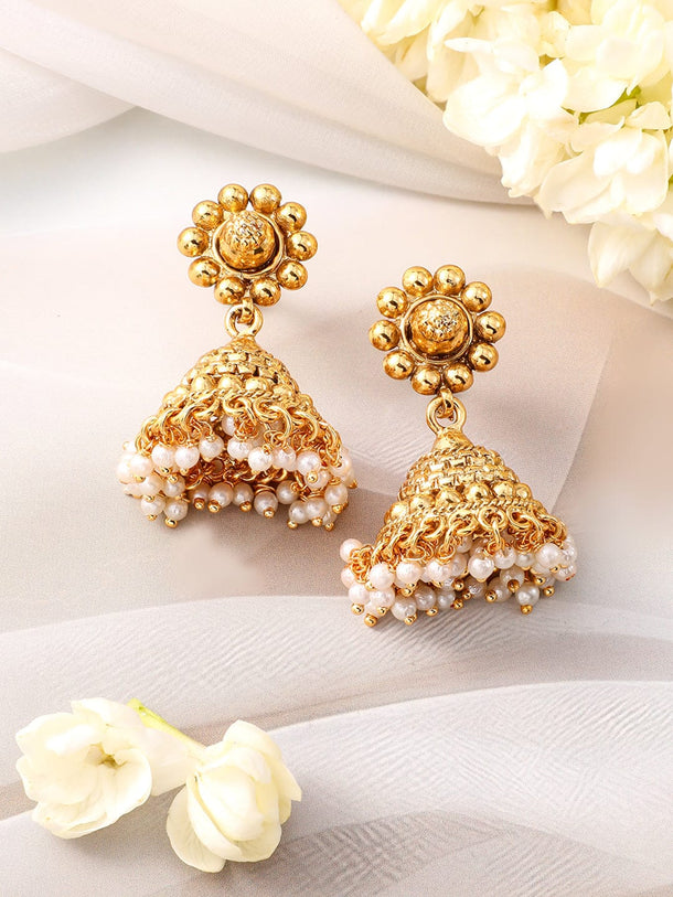Rubans 22K Gold-Plated White Pearls & Golden Beads Studded Beaded Traditional Jewellery Se Jewellery Set