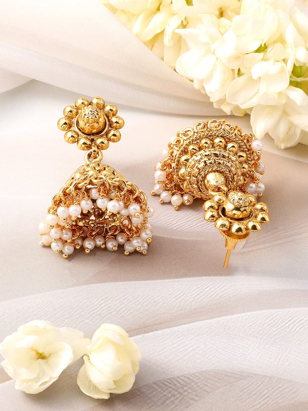 Rubans 22K Gold-Plated White Pearls & Golden Beads Studded Beaded Traditional Jewellery Se Jewellery Set