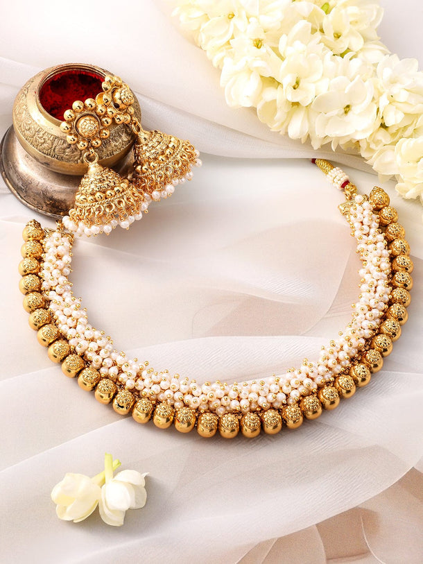 Rubans 22K Gold-Plated White Pearls & Golden Beads Studded Beaded Traditional Jewellery Se Jewellery Set