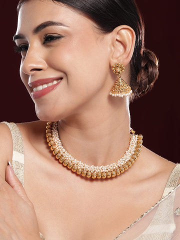Rubans 22K Gold-Plated White Pearls & Golden Beads Studded Beaded Traditional Jewellery Se Necklace Set