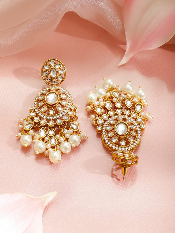 Rubans 22K Gold-Plated White Polki Kundan Studded Pearl Necklace Set with Green Enamel Jewellery Set