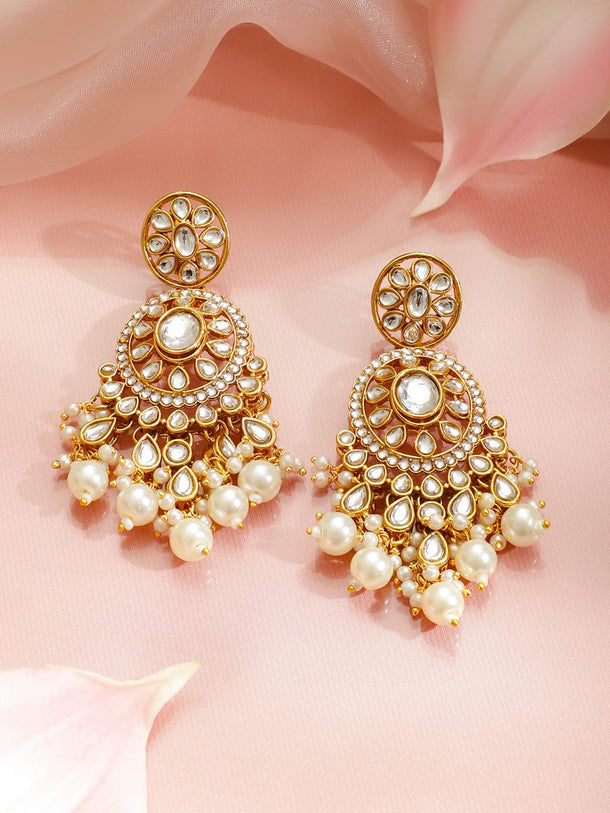 Rubans 22K Gold-Plated White Polki Kundan Studded Pearl Necklace Set with Green Enamel Jewellery Set