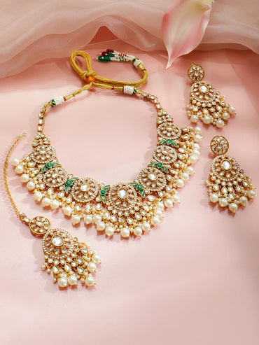 Rubans 22K Gold-Plated White Polki Kundan Studded Pearl Necklace Set with Green Enamel Jewellery Set