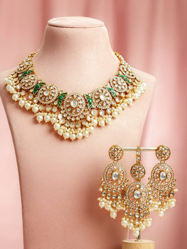 Rubans 22K Gold-Plated White Polki Kundan Studded Pearl Necklace Set with Green Enamel Jewellery Set