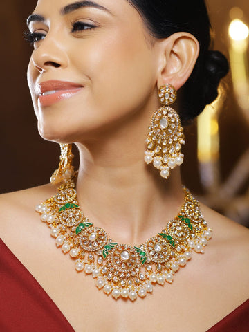 Rubans 22K Gold-Plated White Polki Kundan Studded Pearl Necklace Set with Green Enamel Jewellery Set