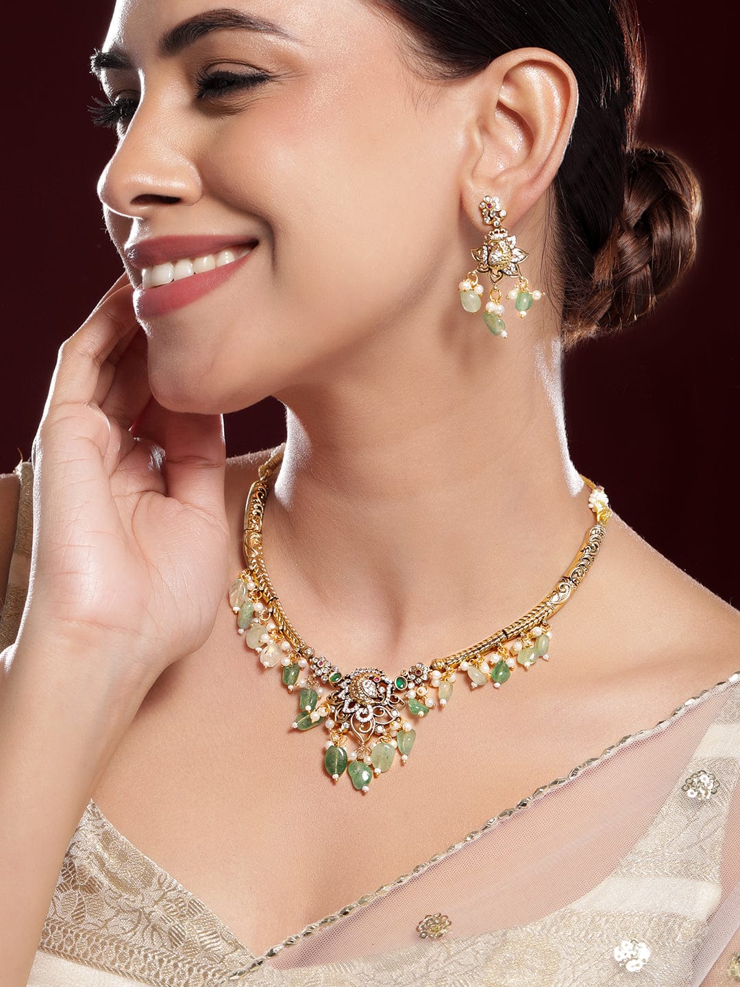 Rubans 22K Gold-Plated with Green Beads, Pearls & Cubic Zirconia Temple Jewellery Set Necklace set