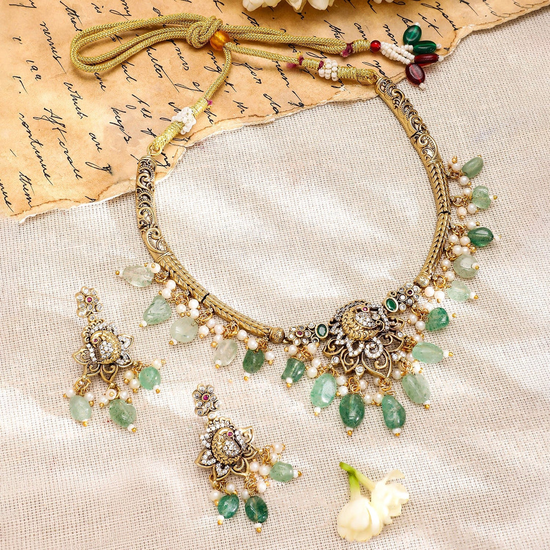 Rubans 22K Gold-Plated with Green Beads, Pearls & Cubic Zirconia Temple Jewellery Set Necklace set