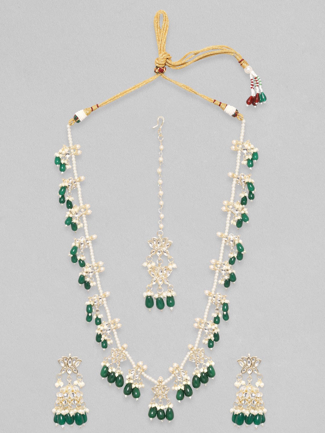Rubans 22k Gold Plated With Kundan Stones & Green Beads Jhumkas Earrings. Necklace Set