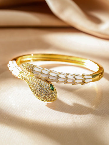 Rubans 22K Gold-Plated Zirconia Snake Motif Bracelet with Enamel Details & Emerald Accents Wristwear