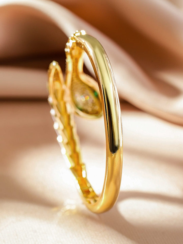 Rubans 22K Gold-Plated Zirconia Snake Motif Bracelet with Enamel Details & Emerald Accents Wristwear