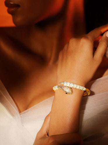 Rubans 22K Gold-Plated Zirconia Snake Motif Bracelet with Enamel Details & Emerald Accents Wristwear
