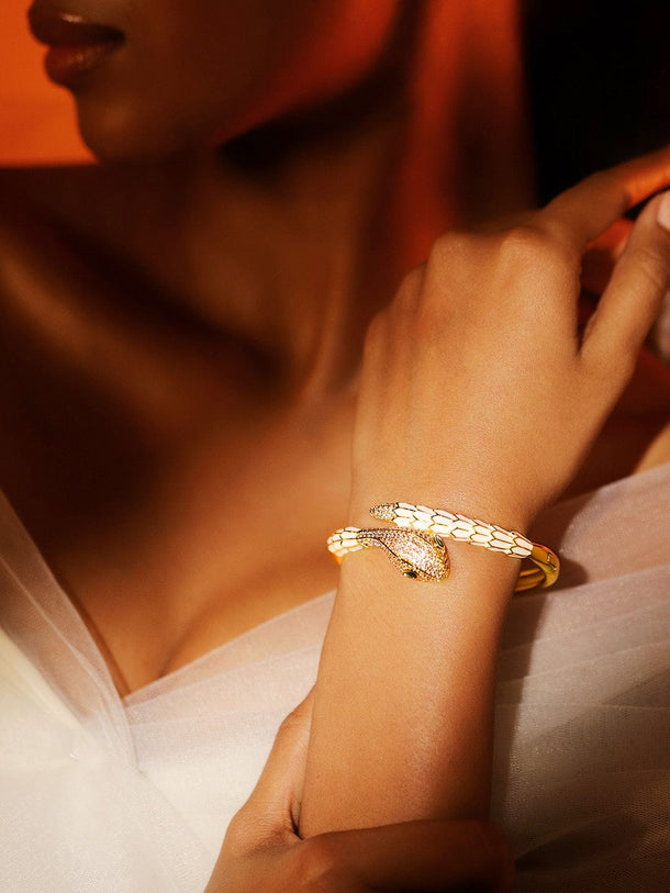 Rubans 22K Gold-Plated Zirconia Snake Motif Bracelet with Enamel Details & Emerald Accents Wristwear