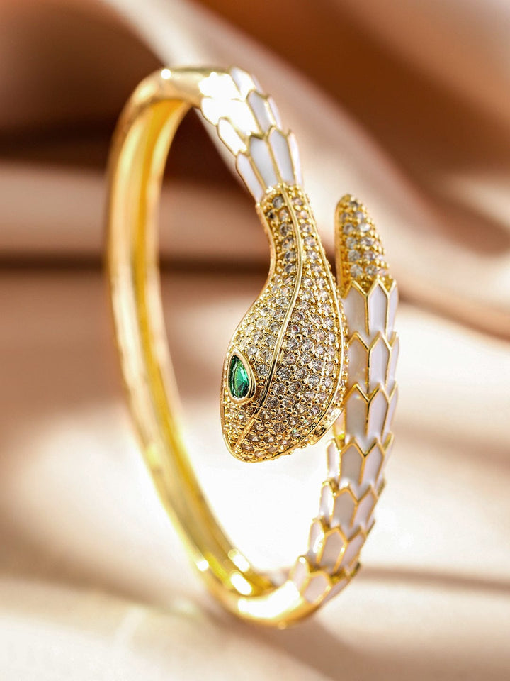 Rubans 22K Gold-Plated Zirconia Snake Motif Bracelet with Enamel Details & Emerald Accents Wristwear