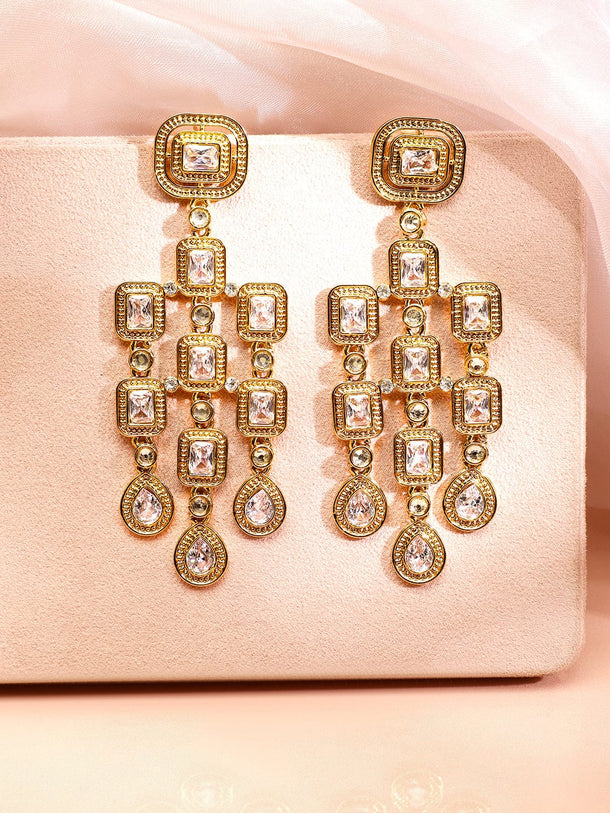 Rubans 22K Gold Plated Zirconia Studded Antique Light Gold-Tone Premium Chandelier Earring Chandelier Earrings