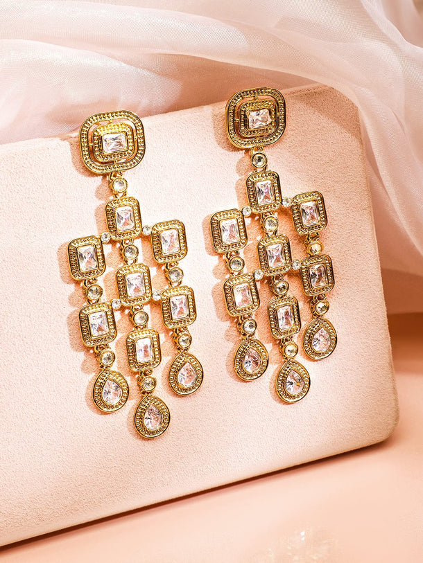 Rubans 22K Gold Plated Zirconia Studded Antique Light Gold-Tone Premium Chandelier Earring Chandelier Earrings