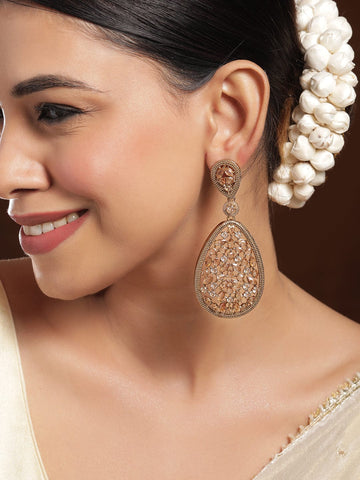 Rubans 22K Mehandi Gold-Plated Crystal & Zircon Studded Traditonal Drop Earrings Earrings